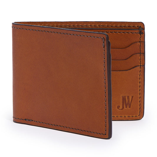 full grain leather bifold wallet in saddle tan color by Jackson Wayne