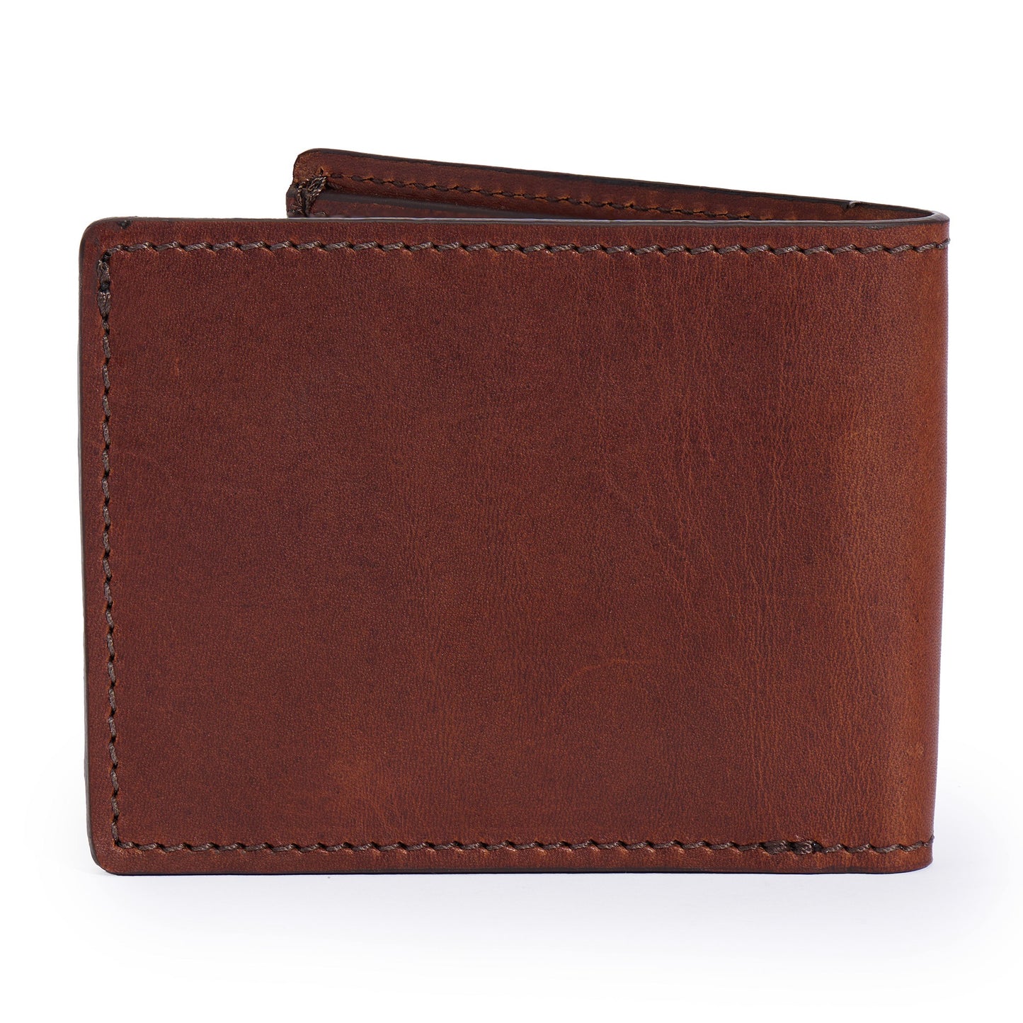 back of vintage brown leather bifold wallet by Jackson Wayne