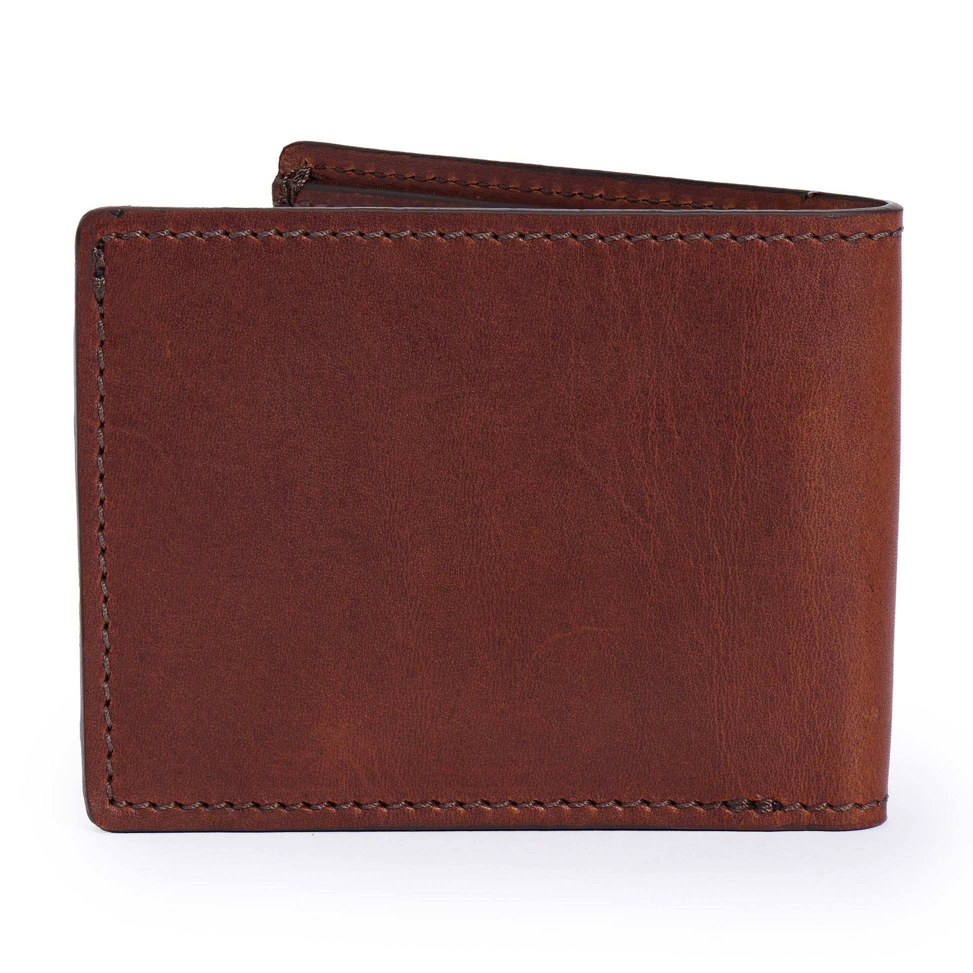 back of vintage brown leather bifold wallet by Jackson Wayne