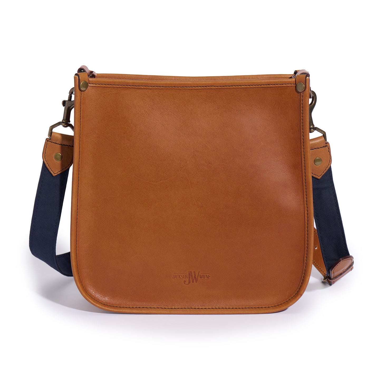 Jackson Wayne crossbody back side in saddle tan leather