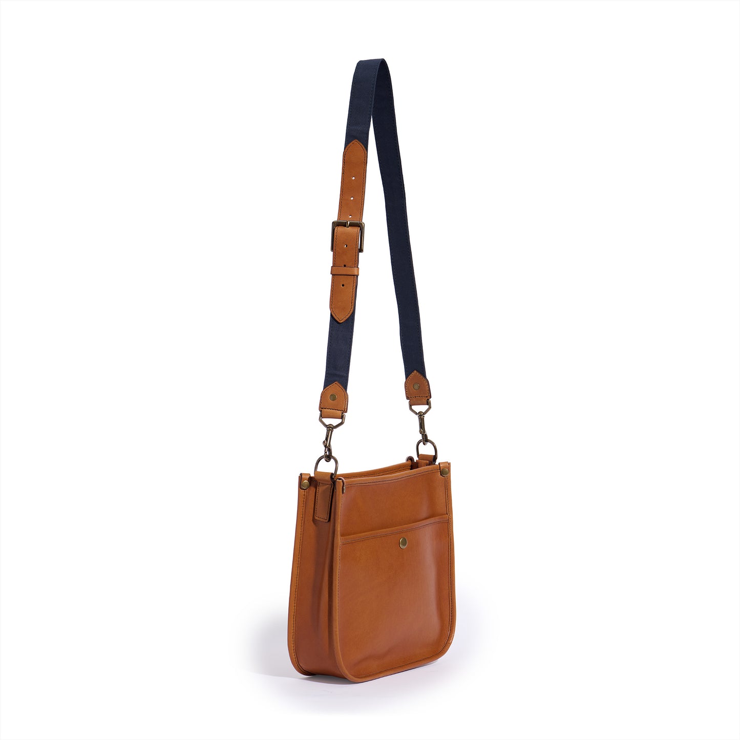 Jackson Wayne Cumberland Crossbody bag for women - saddle tan leather with midnight blue canvas and leather strap