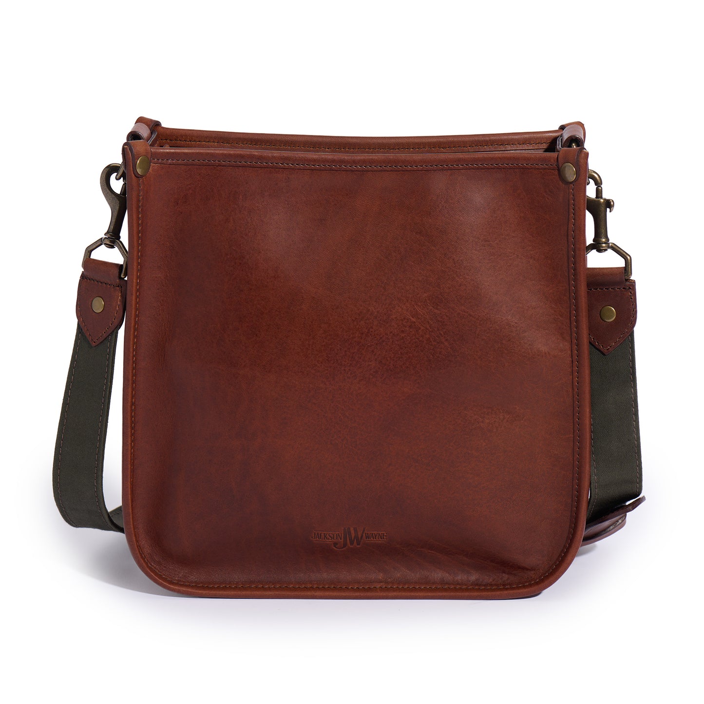 Cumberland Crossbody by Jackson Wayne back side - vintage brown full grain leather green strap