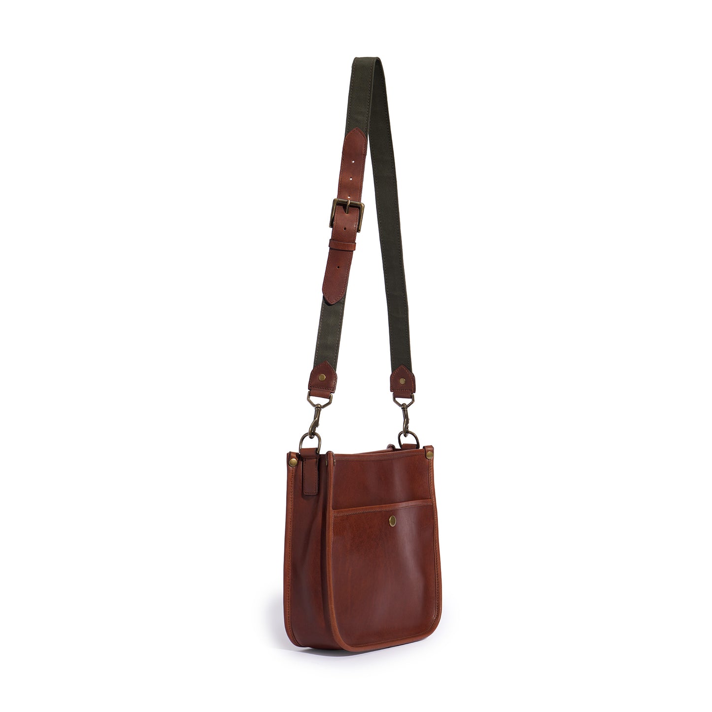 Jackson Wayne Cumberland Crossbody vintage brown full grain leather green canvas strap extended