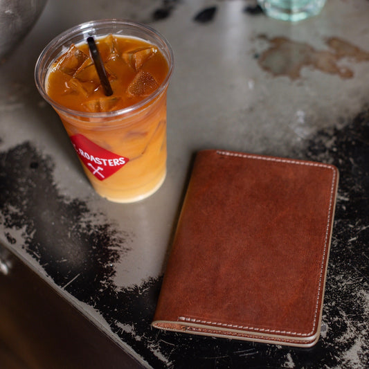 field notes journal - full grain leather cover - lifestyle shot with coffee - by Jackson Wayne