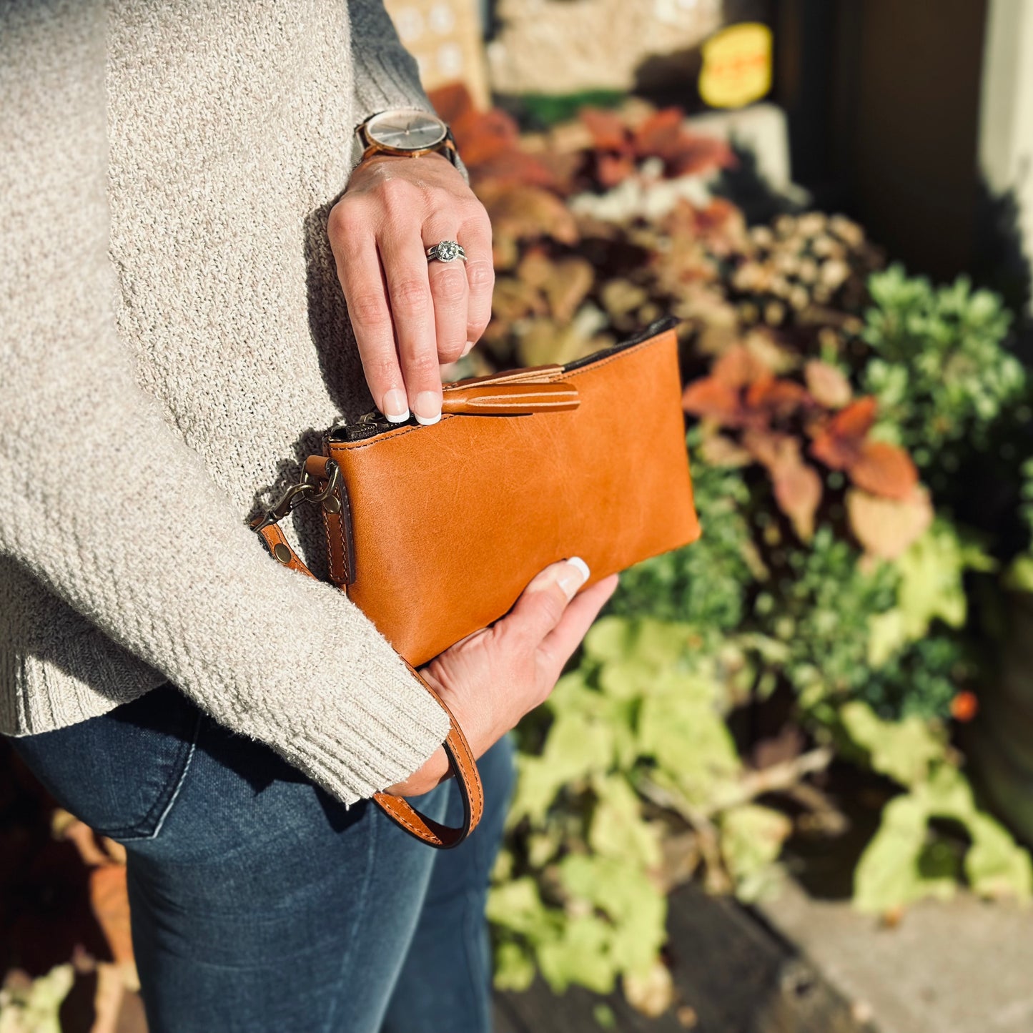 Jackson Wayne Broadway Wristlet - full grain leather in saddle tan color clutch purse