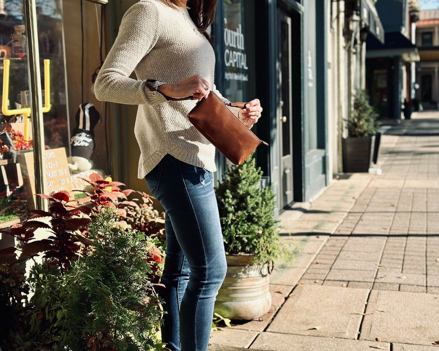 Jackson Wayne Broadway Wristlet in Vintage Brown color full grain leather - window shopping Franklin, Tennessee