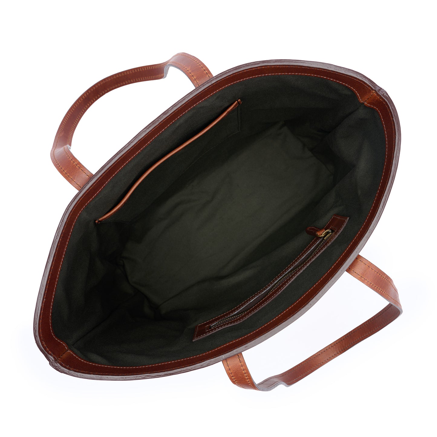 inside of leather tote bag by Jackson Wayne vintage brown leather with pine green lining