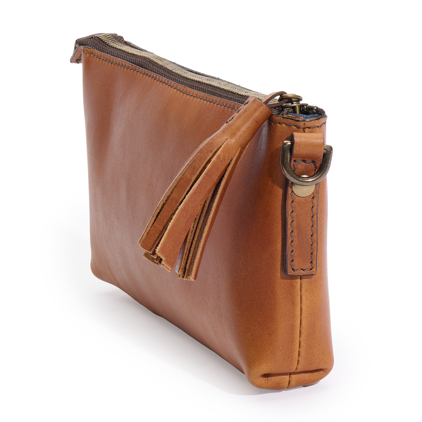 broadway wristlet angle in saddle tan with tassel zipper