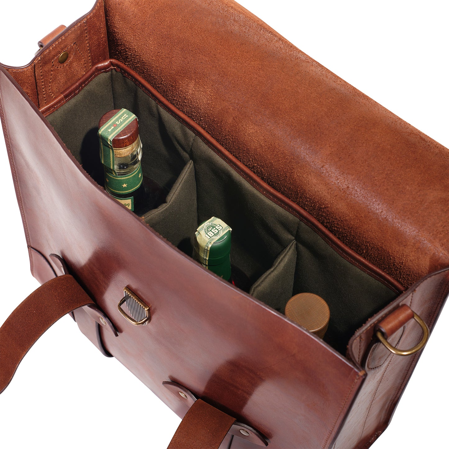 3 bottle holder bourbon bag by Jackson Wayne leather goods - pine green water repellent canvas