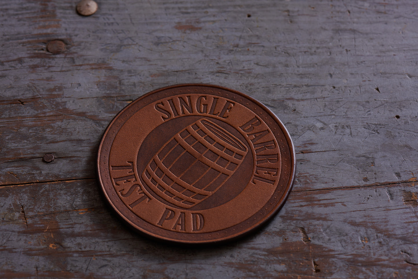 single barrel test pad leather coasters by Jackson Wayne wildwood brown leather