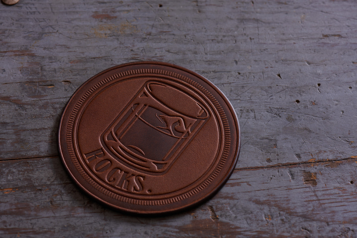 rocks glass leather coaster by Jackson Wayne