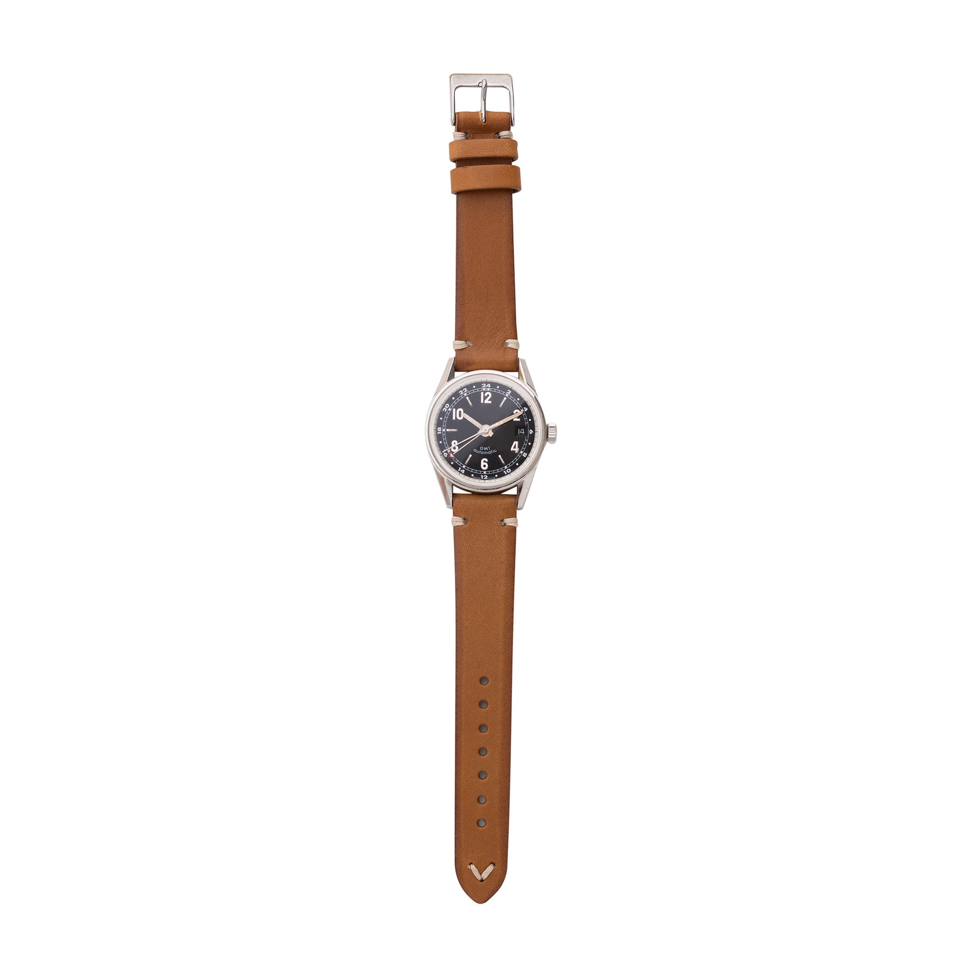 vintage Italian vegetable tanned leather watch strap with watch in saddle tan color by Jackson Wayne
