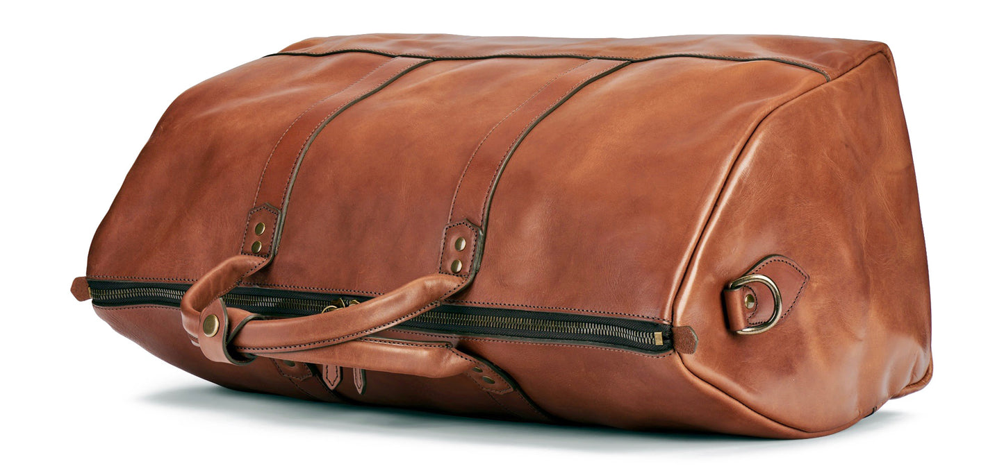 top of full grain leather duffle bag in saddle tan