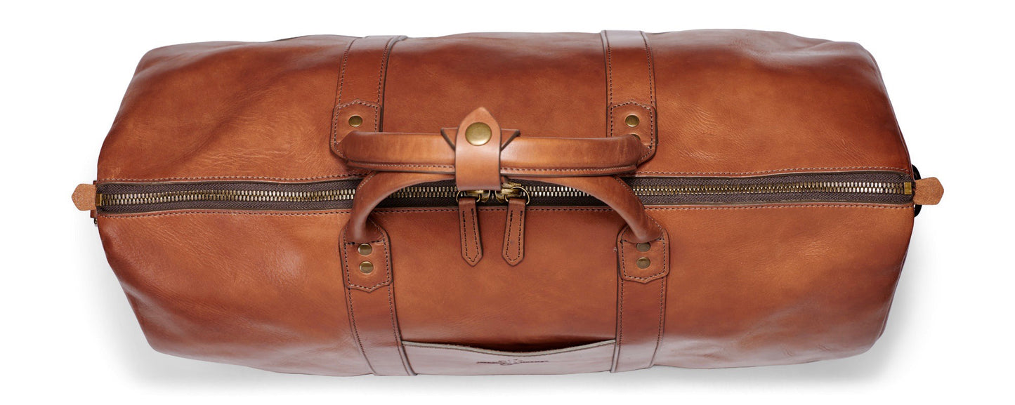 top view of Jackson Wayne Big Sur leather duffle bag - leather saddle tan