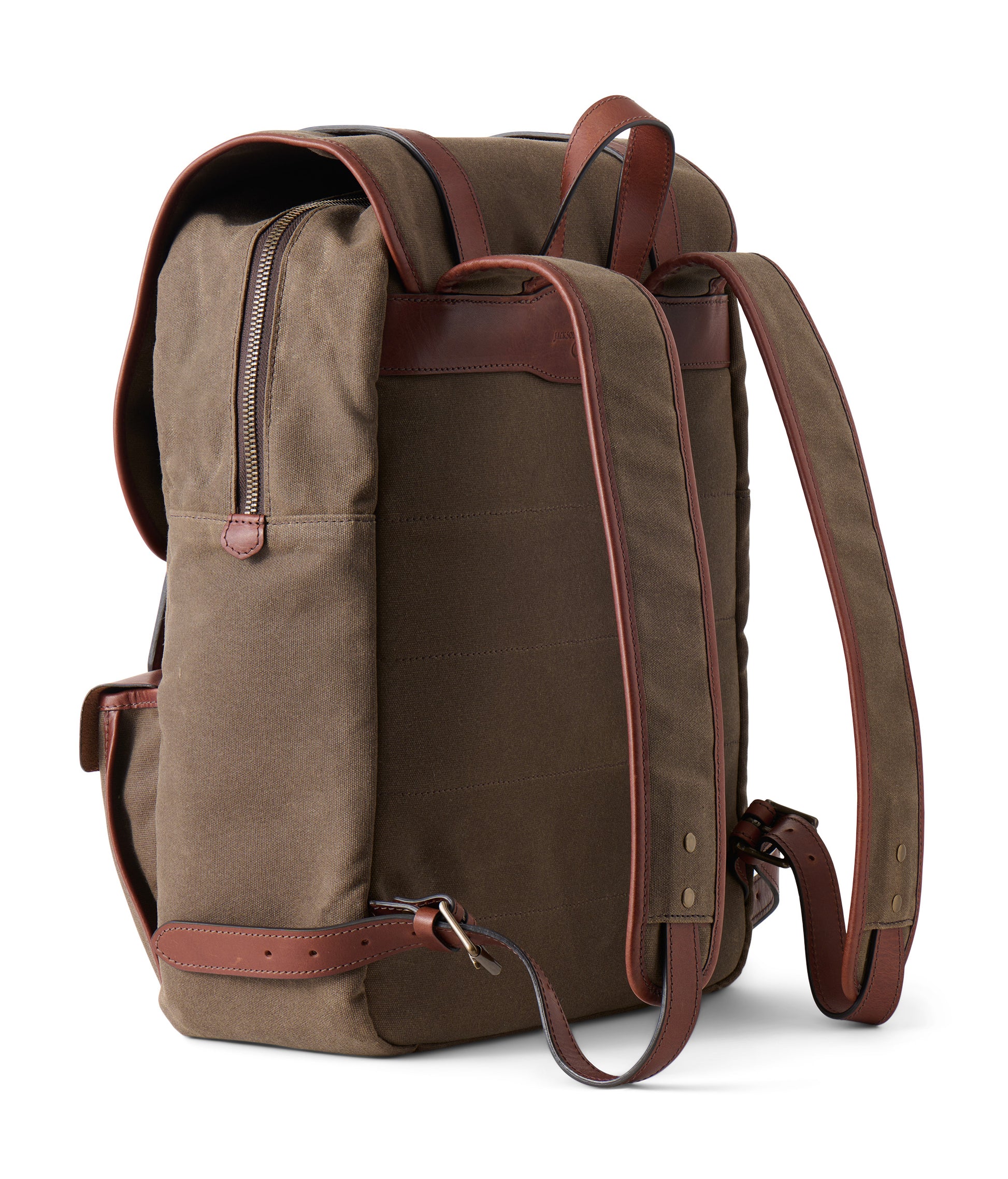 Founder's Backpack back angle view, full grain leather & waxed canvas men's adventure backpack