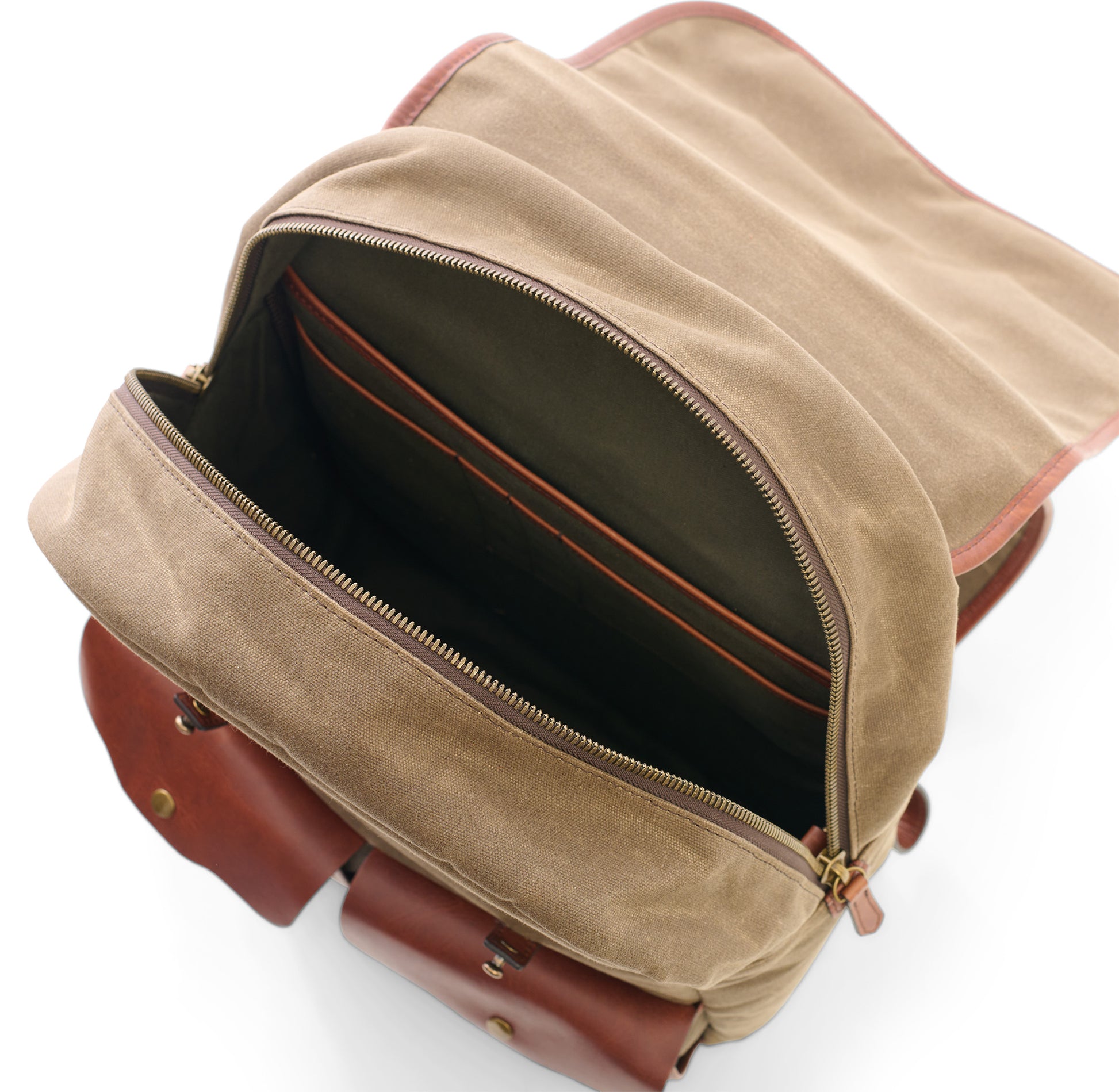Founder's Backpack inside view empty, pine green water repellent canvas lining