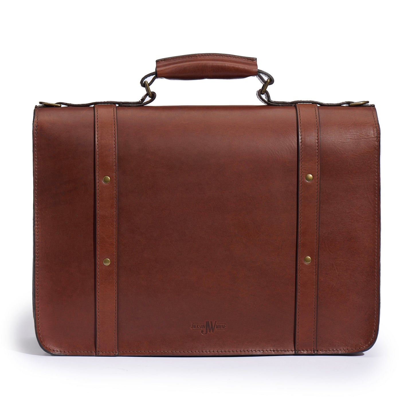 Esq. Briefcase in Vintage Brown leather back side with new logo