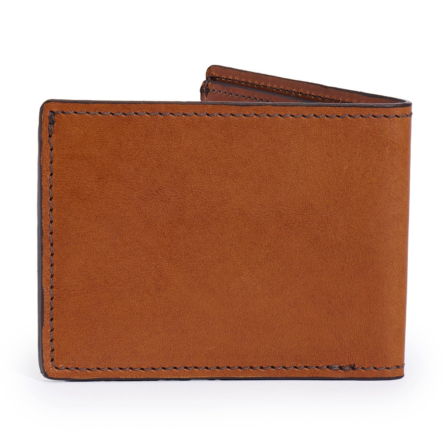 back of leather bifold wallet saddle tan color