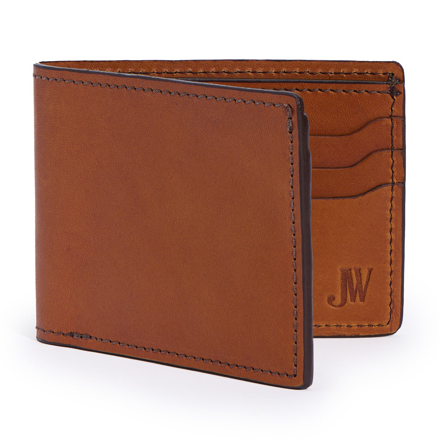 full grain leather bifold wallet in saddle tan color by Jackson Wayne 