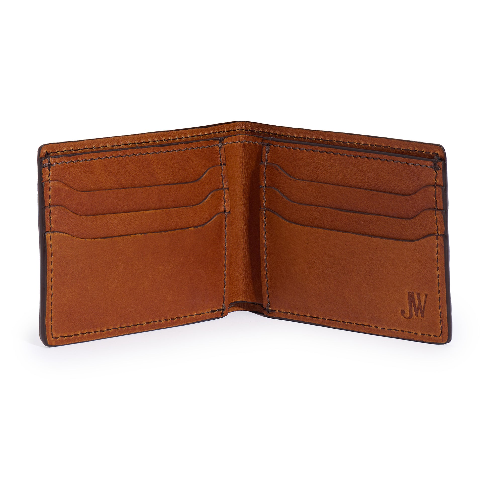 inside of full grain leather bifold wallet by Jackson Wayne in saddle tan color