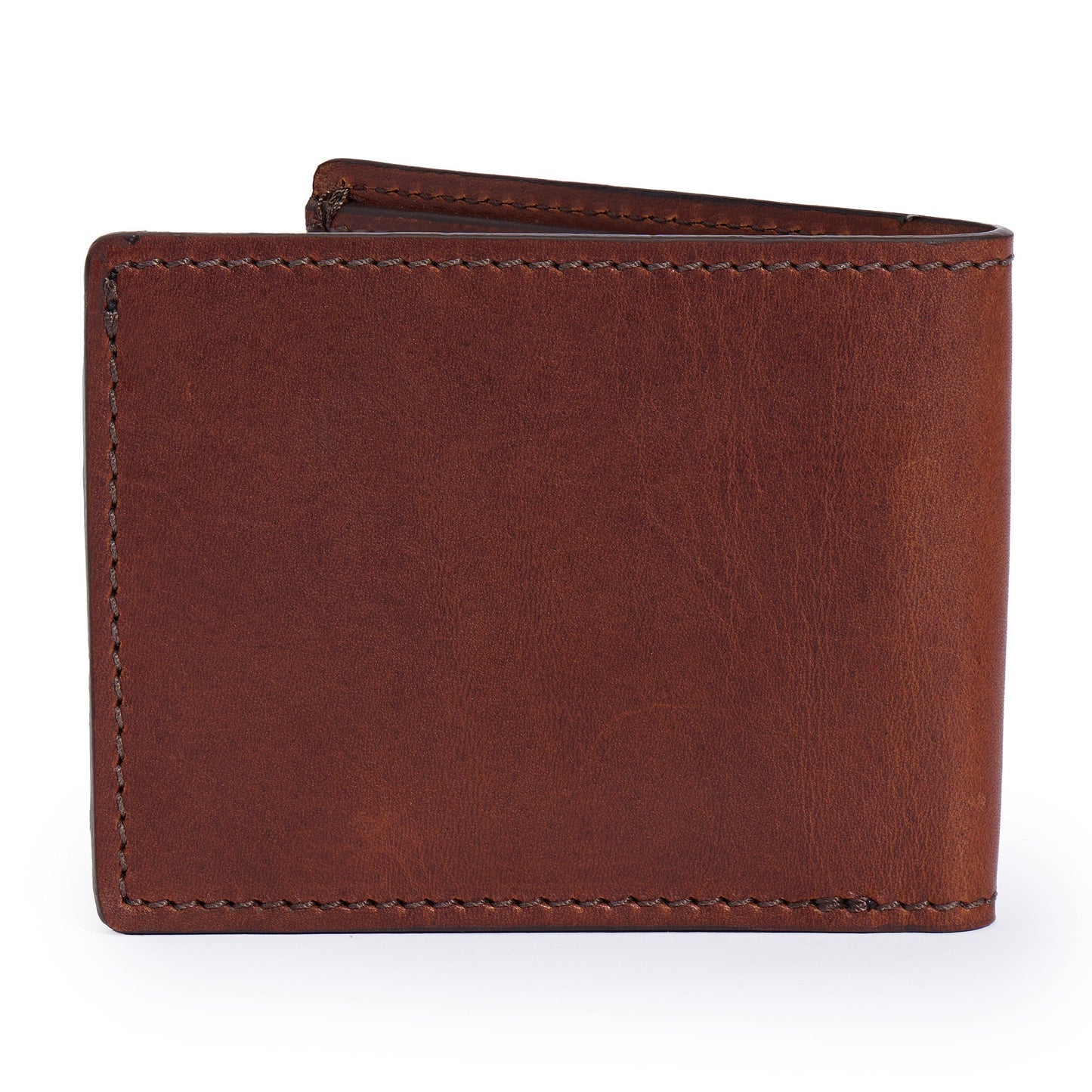 back of vintage brown leather bifold wallet by Jackson Wayne 