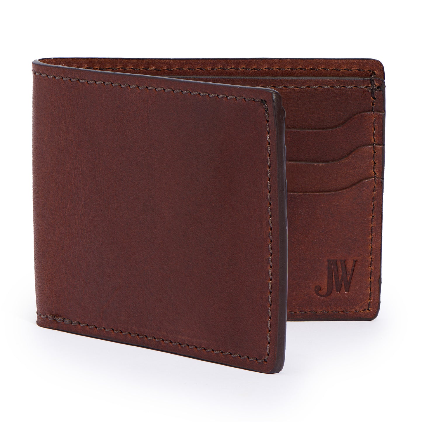 front full grain leather classic bifold wallet by Jackson Wayne in vintage brown color