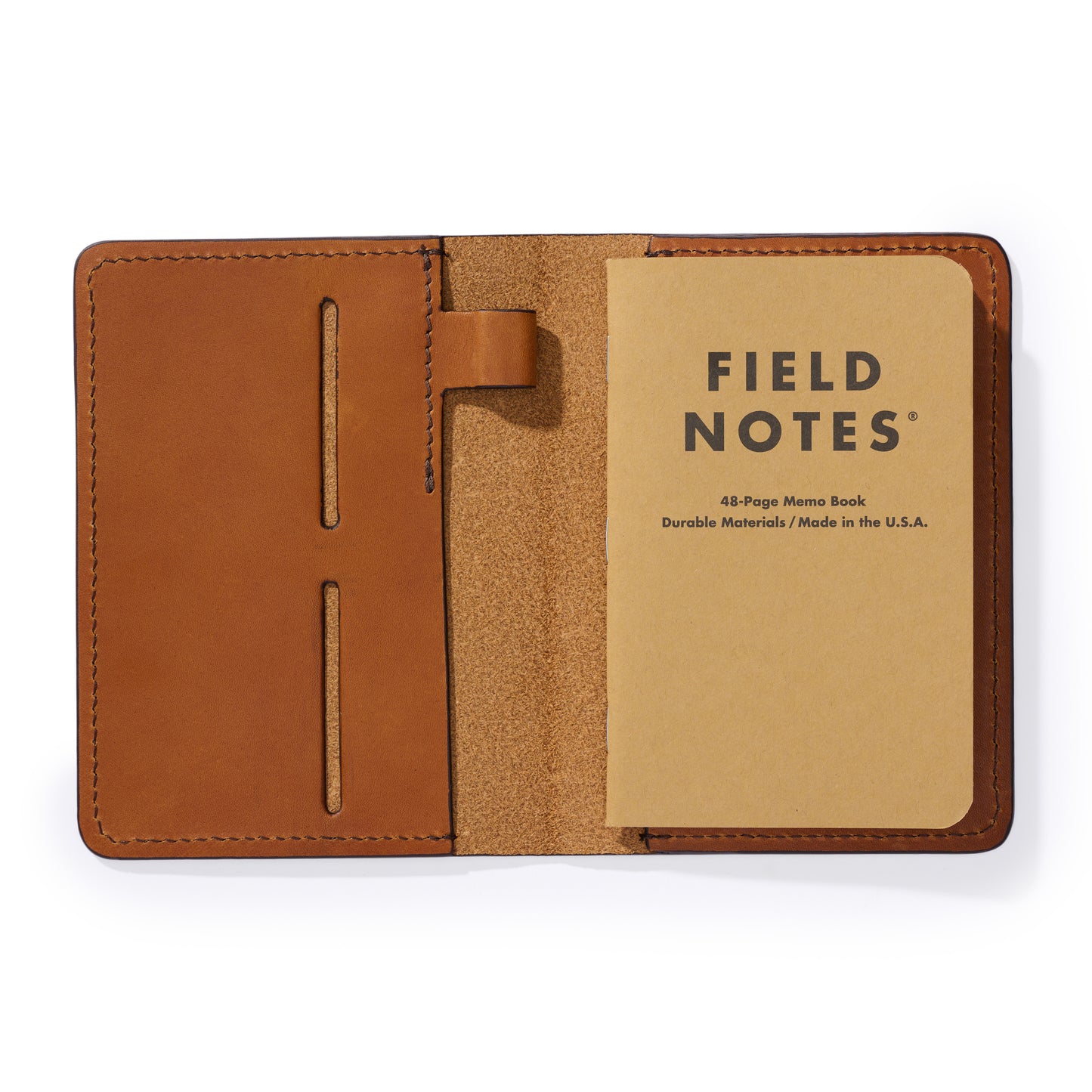 full grain leather cover field notes journal in saddle tan inside