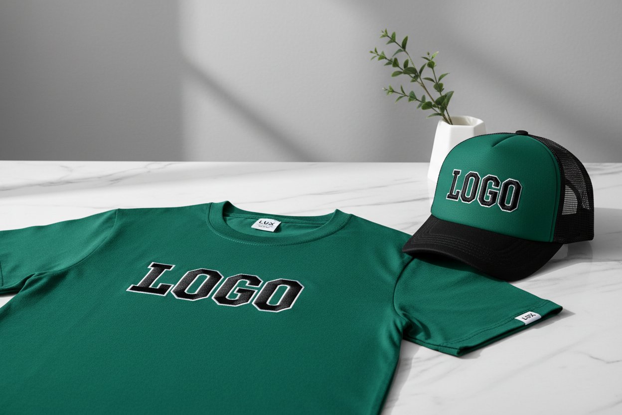 Promo image with tee shirt and trucker hat featuring Logo