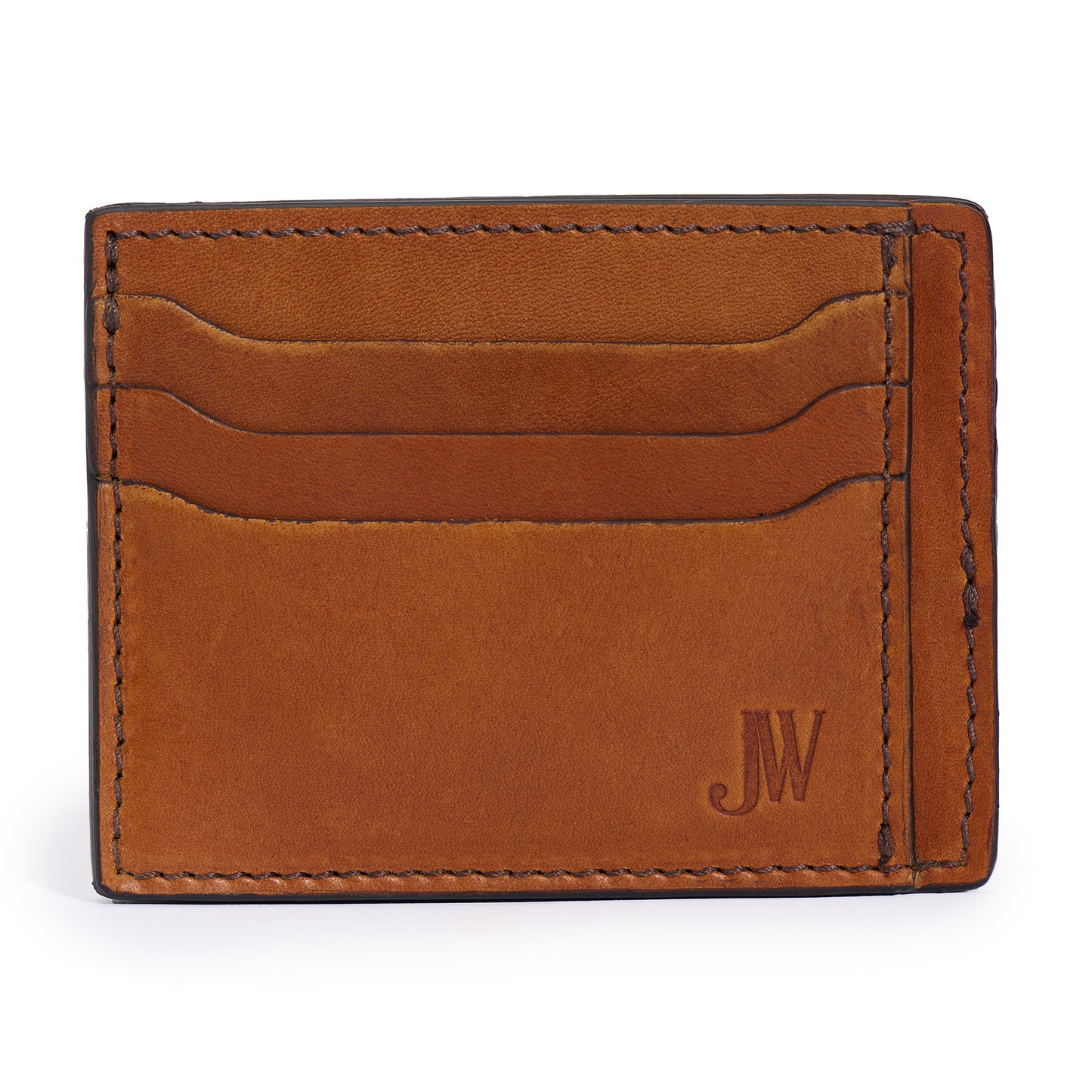 full grain slim leather wallet saddle tan color back with logo