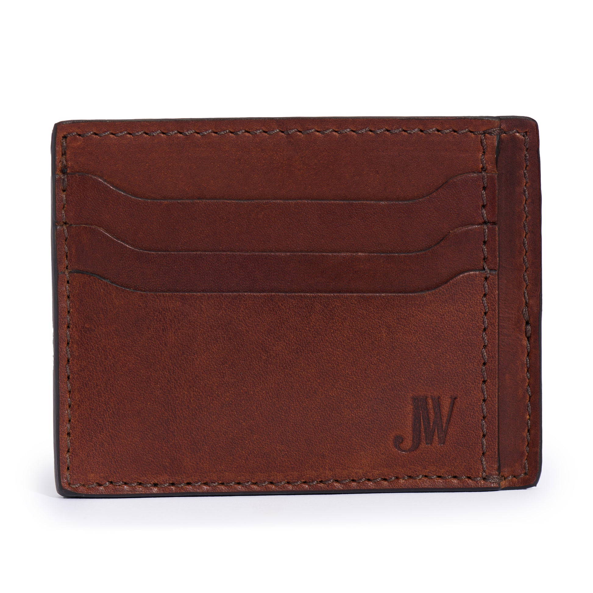 full grain slim leather wallet for front pocket by Jackson Wayne vintage brown color