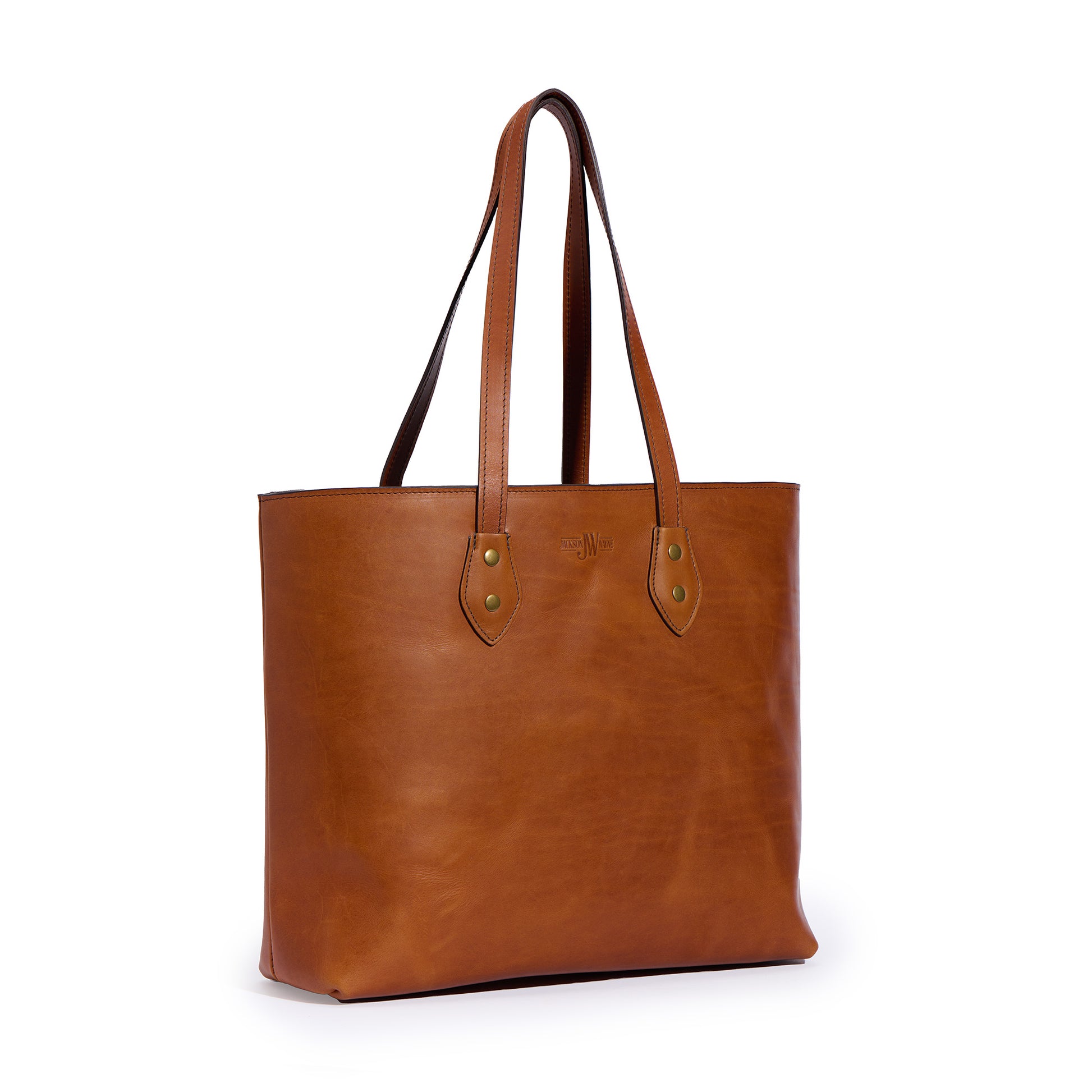 full grain leather tote bag by Jackson Wayne back side angle - saddle tan color