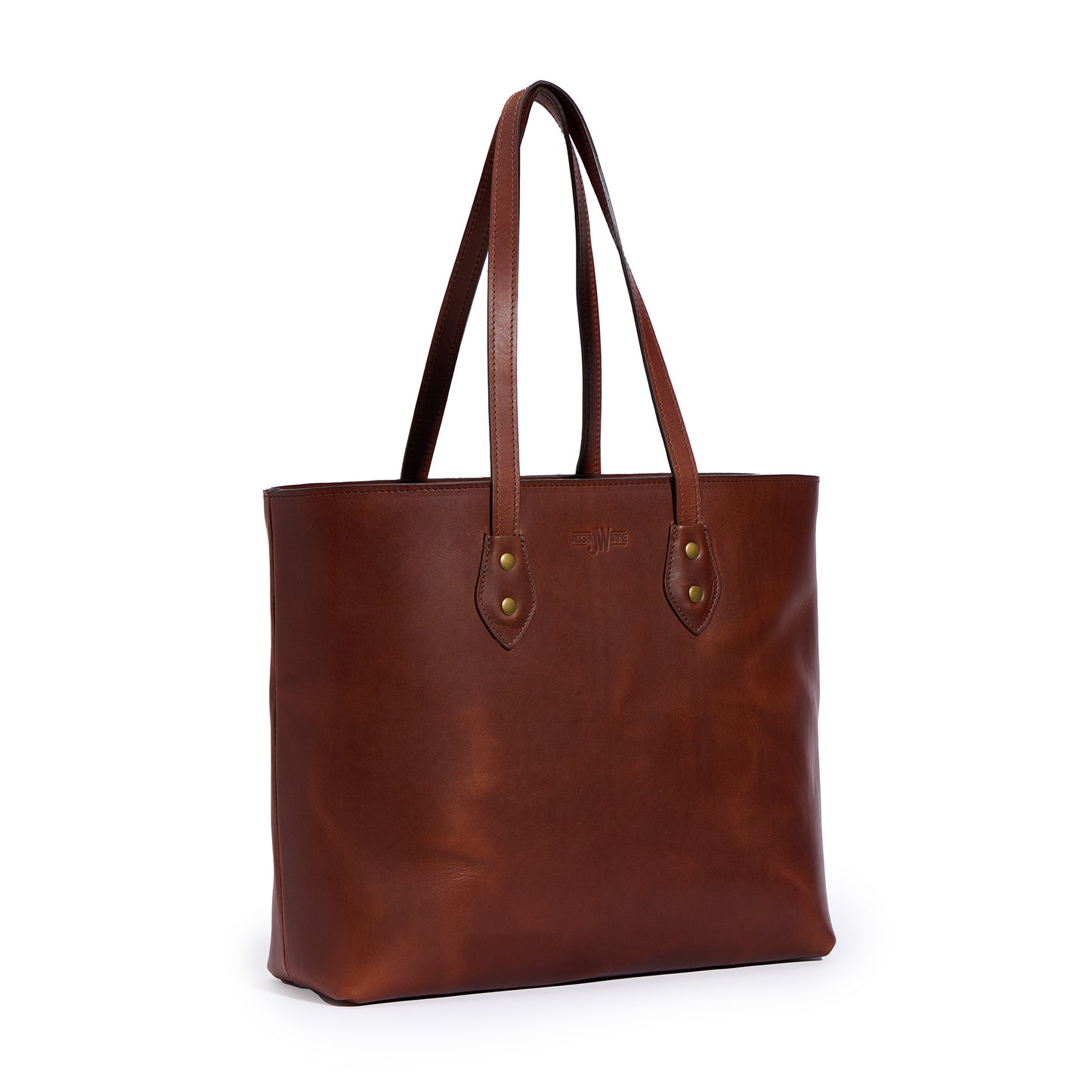 full grain leather tote bag by Jackson Wayne back side angle in vintage brown color