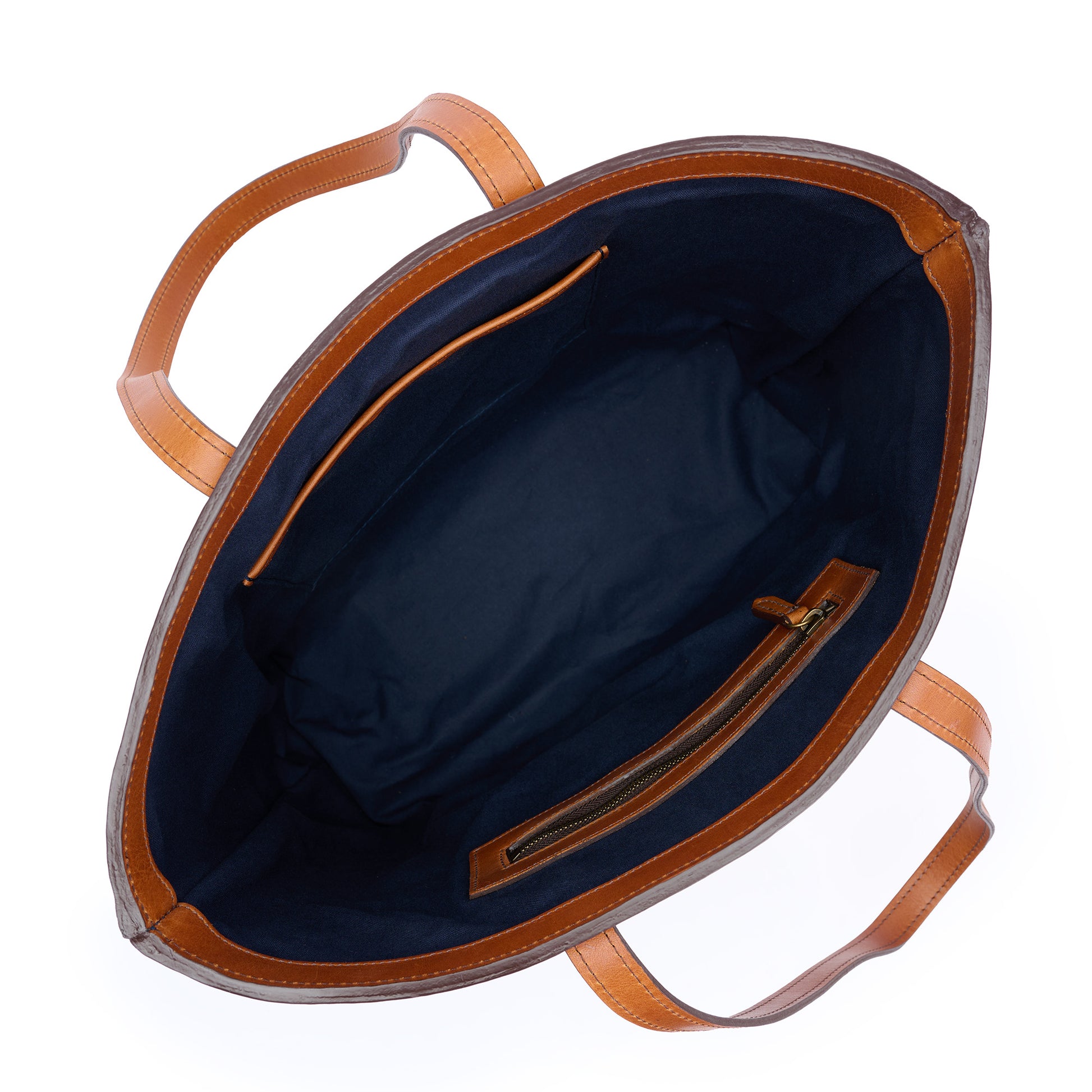 inside saddle tan leather tote bag by Jackson Wayne - saddle tan leather with blue canvas lining