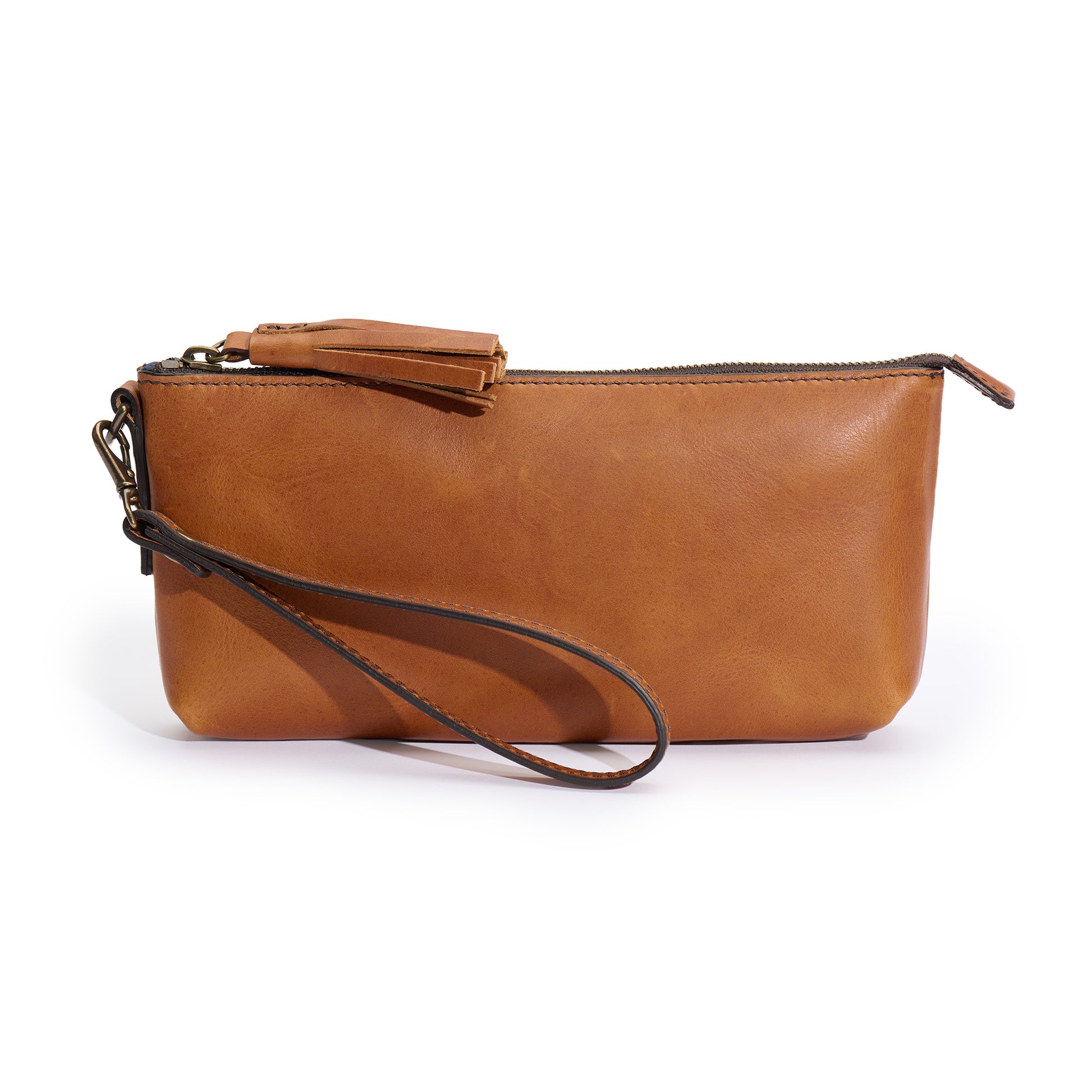 broadway wristlet made of full grain leather by Jackson Wayne in Saddle Tan color leather