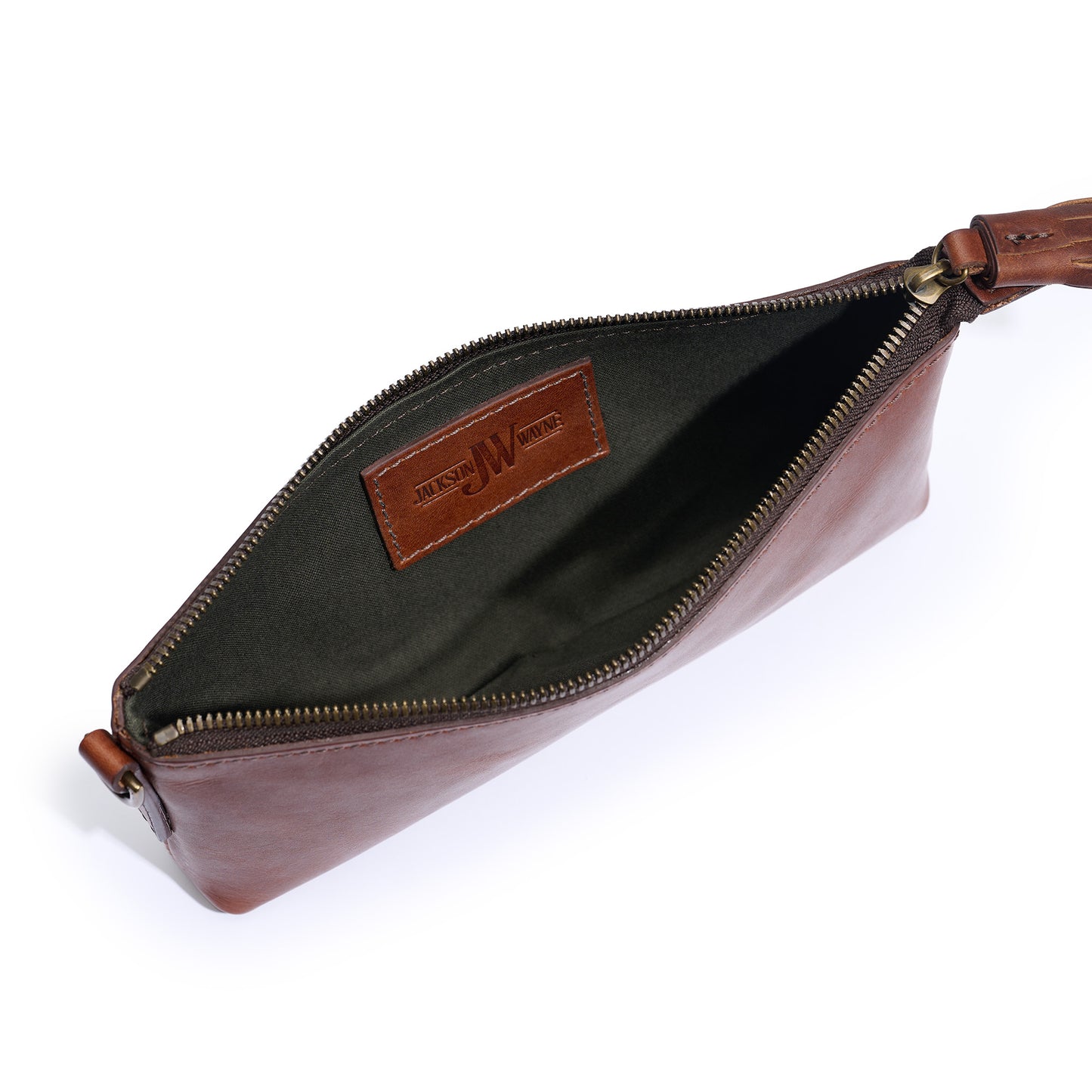 inside vintage brown leather broadway wristlet with pine green lining 