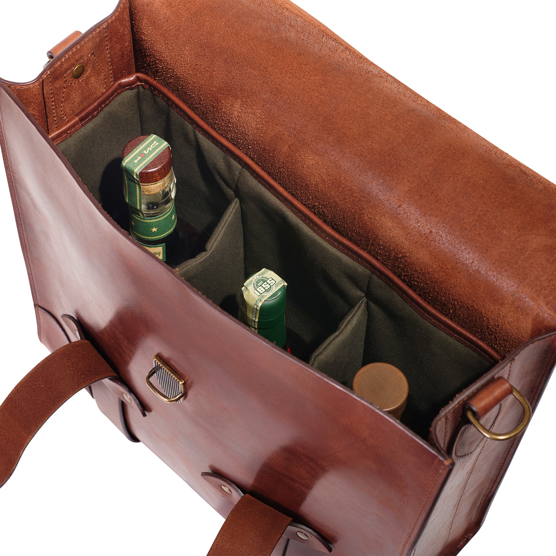 3 bottle holder bourbon bag by Jackson Wayne leather goods - pine green water repellent canvas 