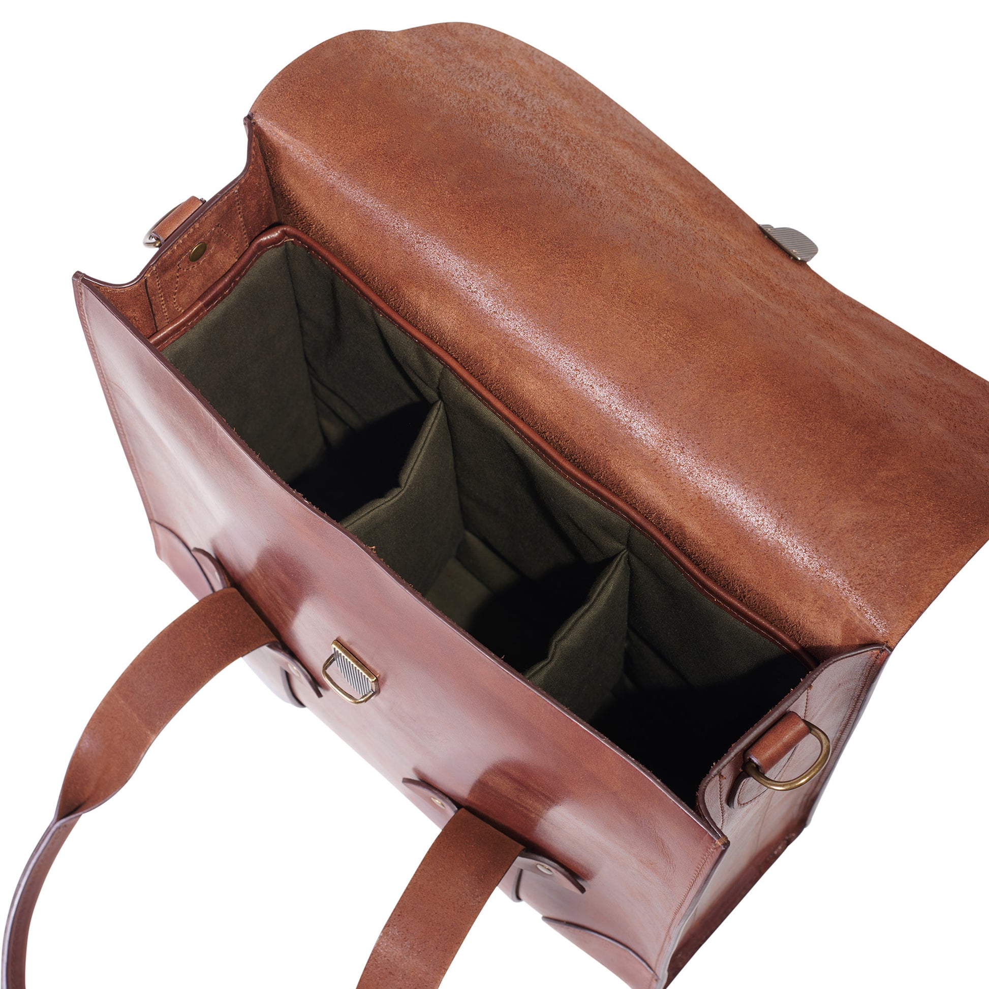 inside view of leather bourbon bag with padded water repellent canvas bottle holders by Jackson Wayne 