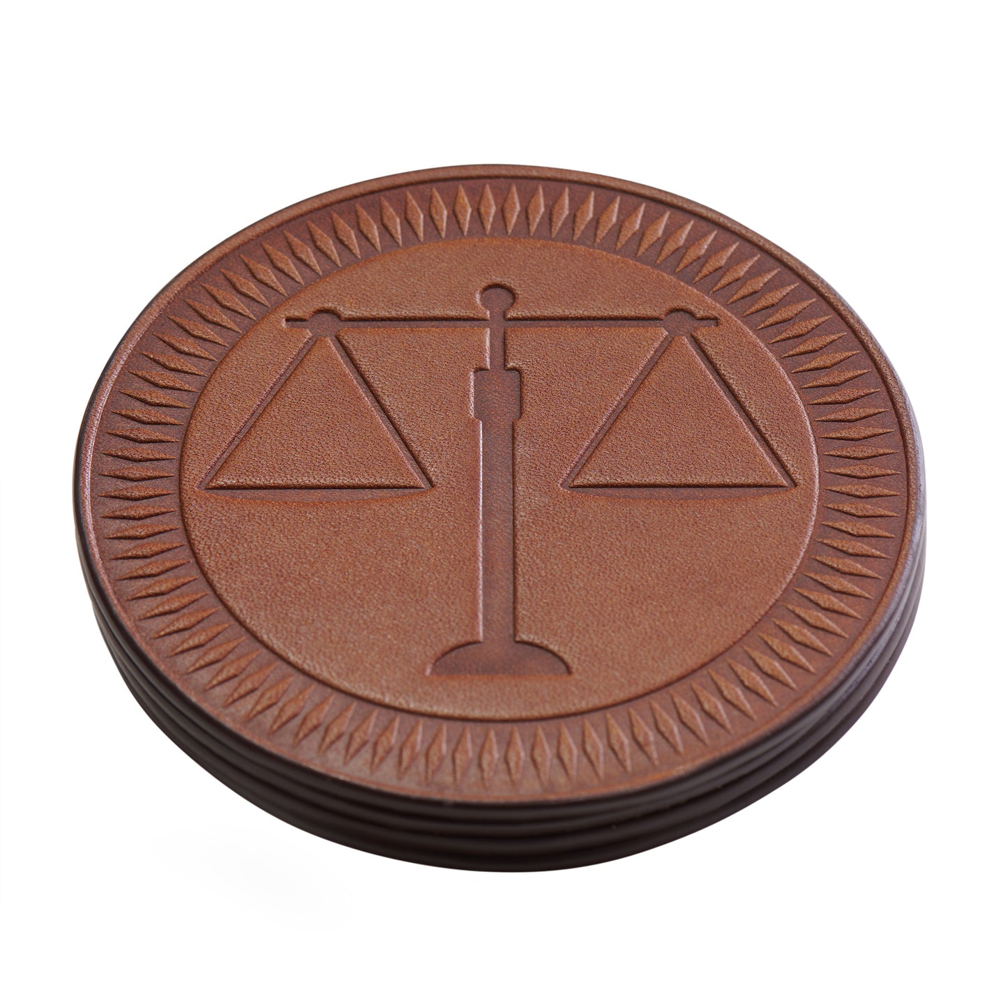 leather coasters with scales of justice for lawyers set of 4