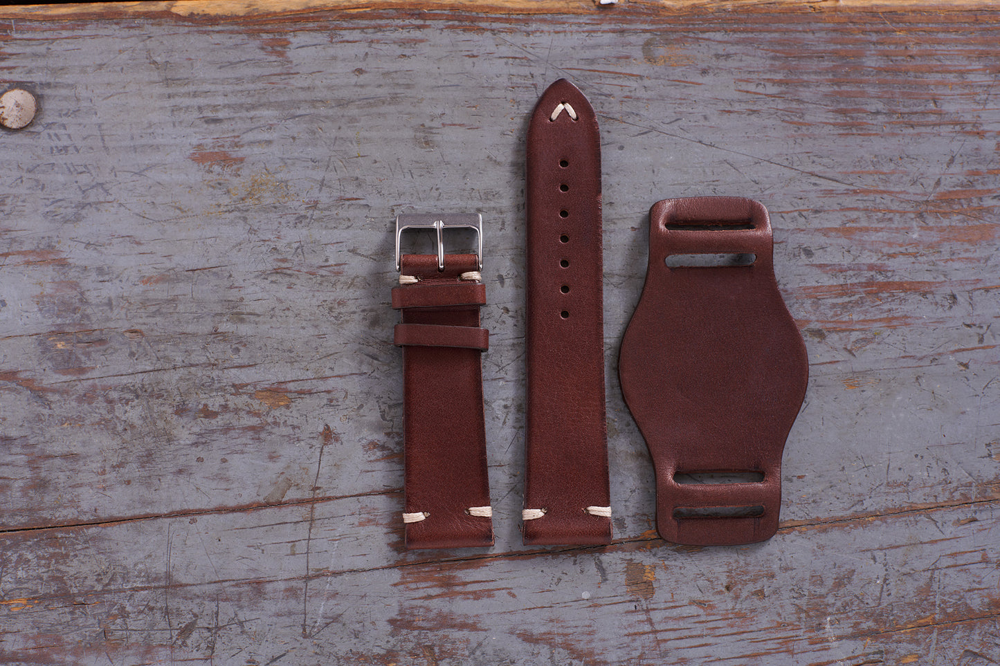 italian leather watch strap with bund pad - vintage brown color 3 pieces