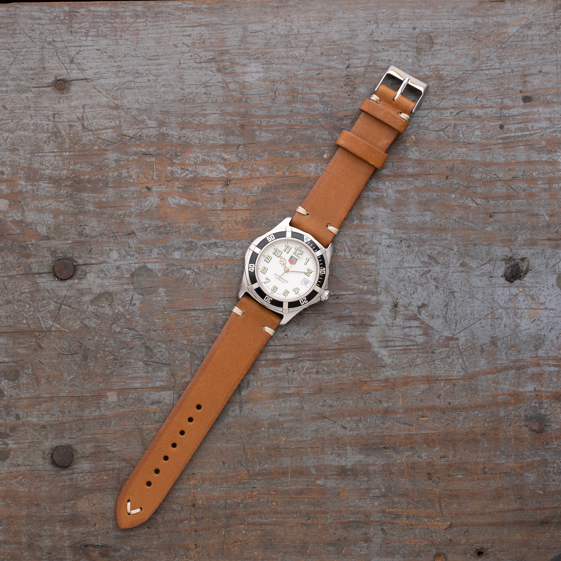 vintage leather watch strap made of full grain Italian leather in saddle tan color by Jackson Wayne 