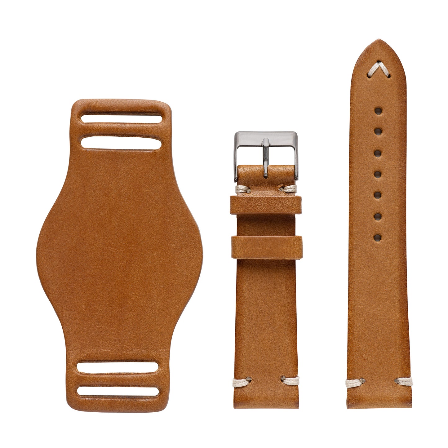 full grain Italian leather watch strap with bund pad - saddle tan color