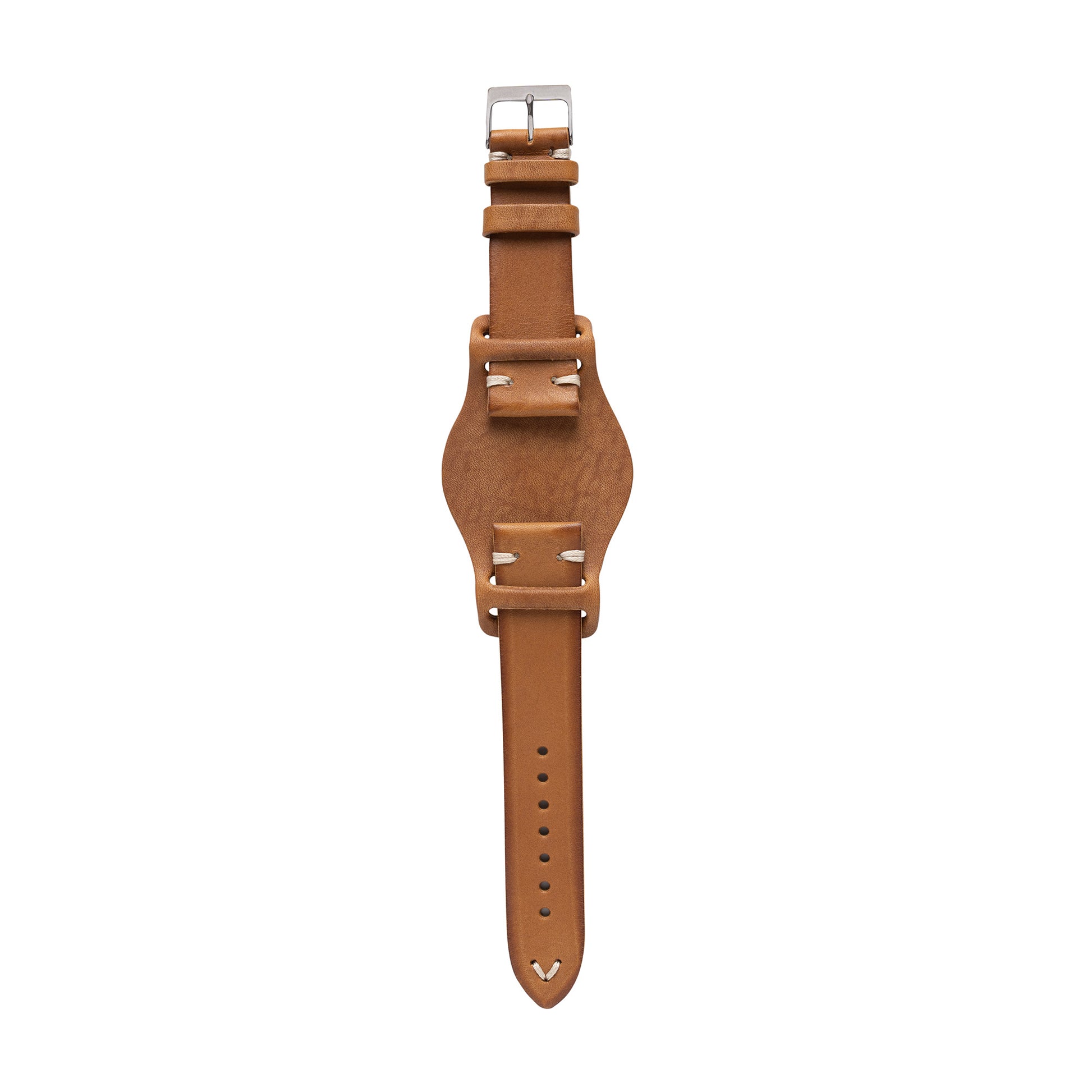 vintage leather watch strap with optional bund strap pad made in Italy - saddle tan color with stainless steel buckle