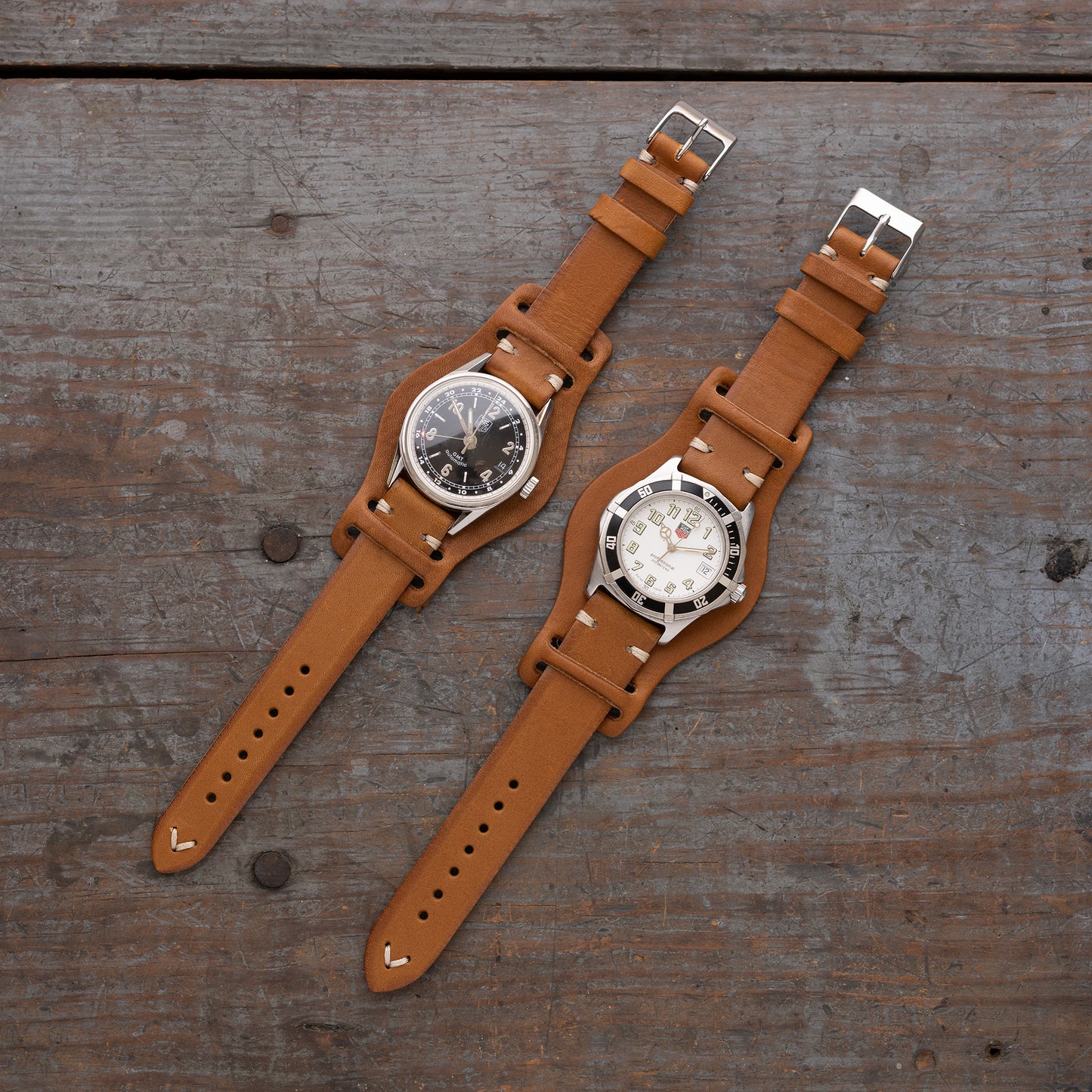 Jackson Wayne vintage leather watch strap with bund pad made of Italian vegetable tanned leather in saddle tan color