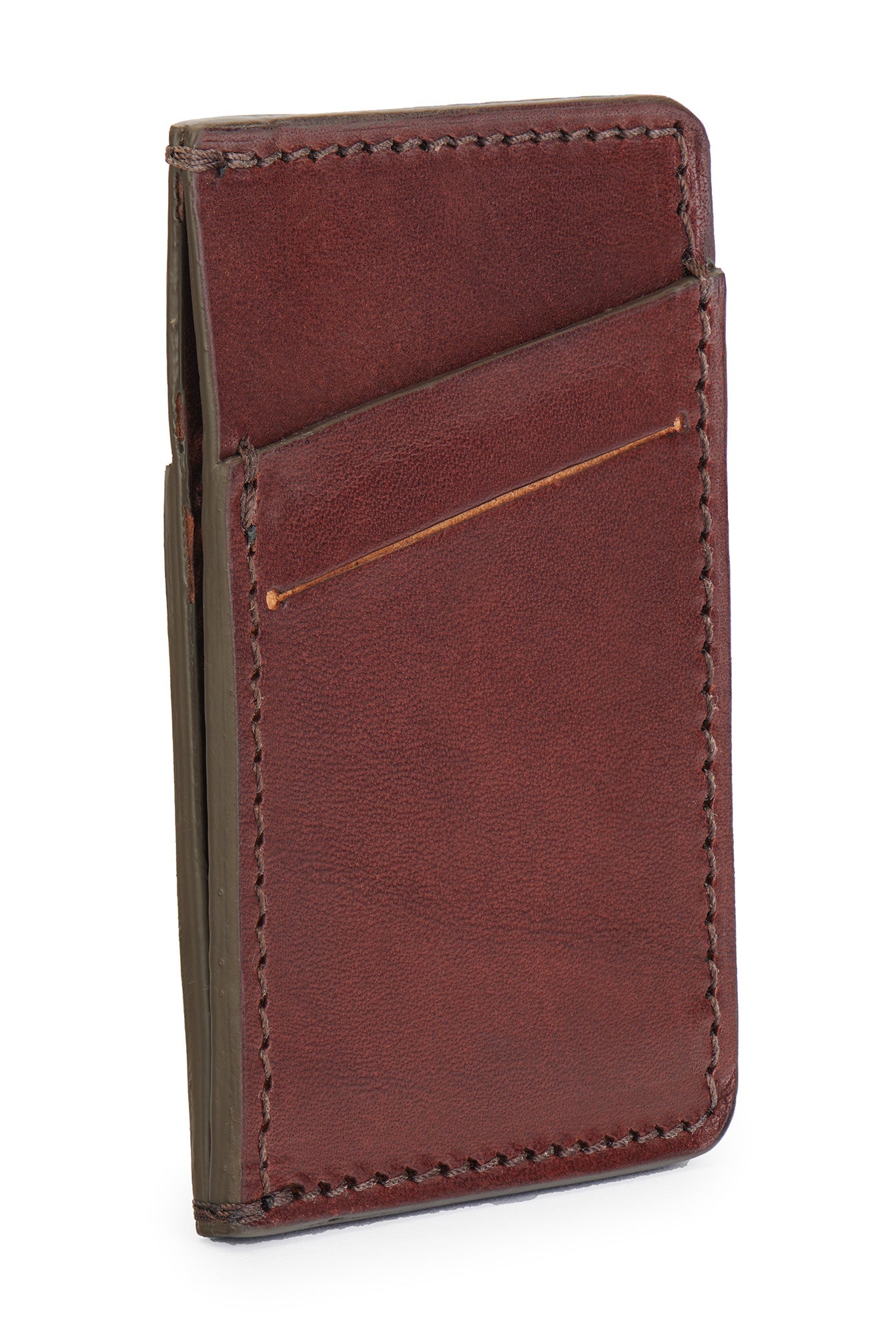 vegetable tanned bridle leather minimalist wallet angle empty pictured in vintage brown