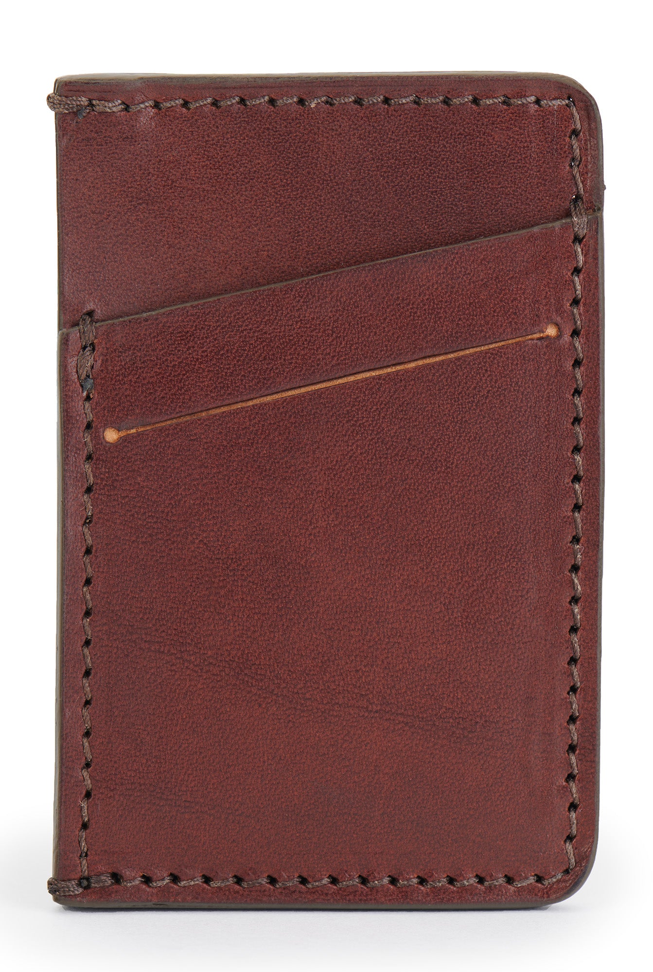 full grain leather minimalist wallet front empty pictured in vintage brown
