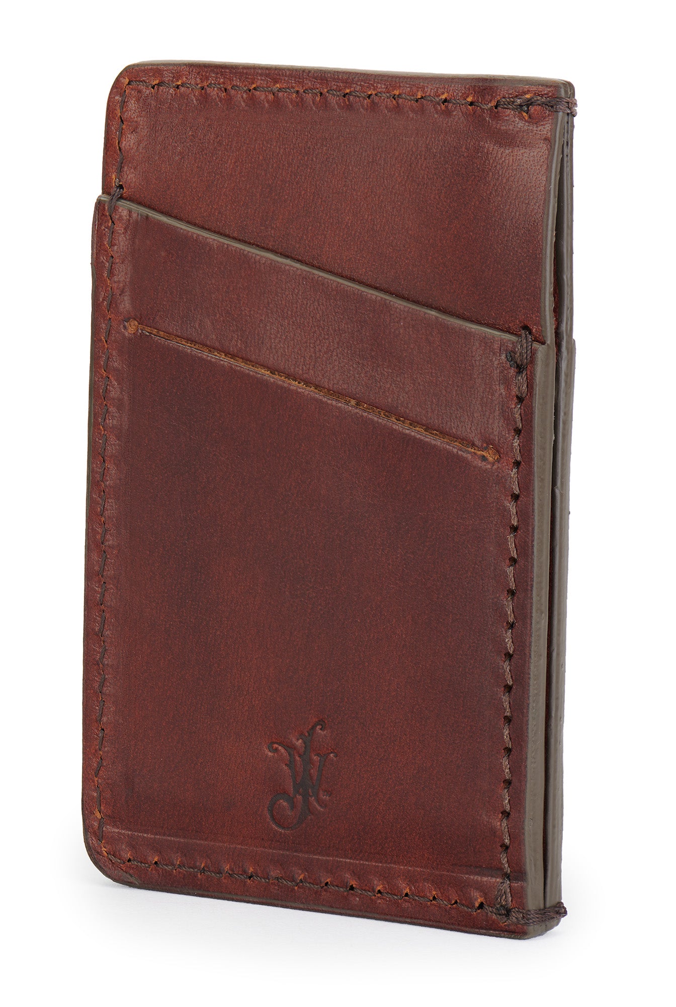 vegetable tanned bridle leather minimalist wallet back angle empty pictured in vintage brown