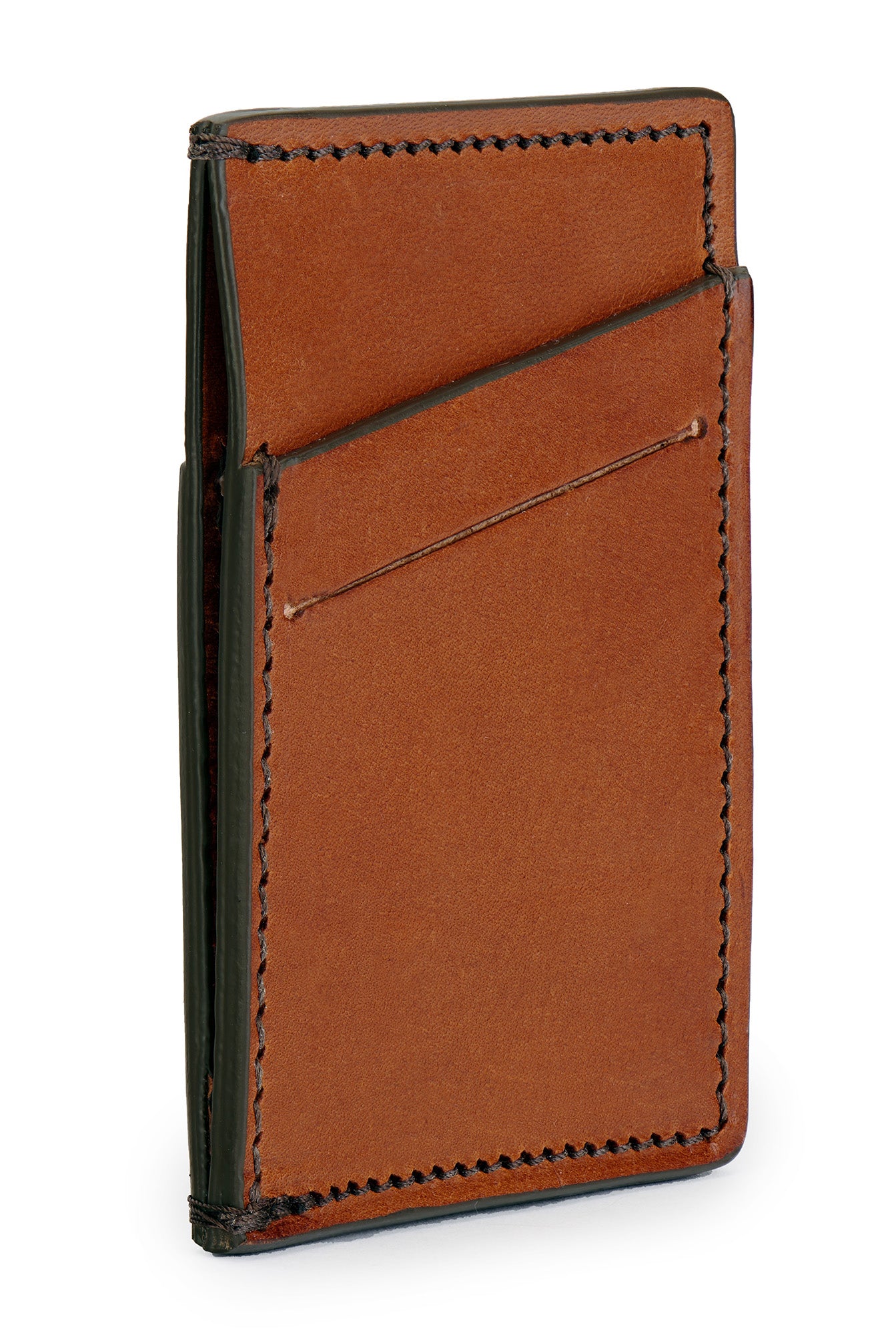 full grain leather minimalist wallet angle empty pictured in saddle tan