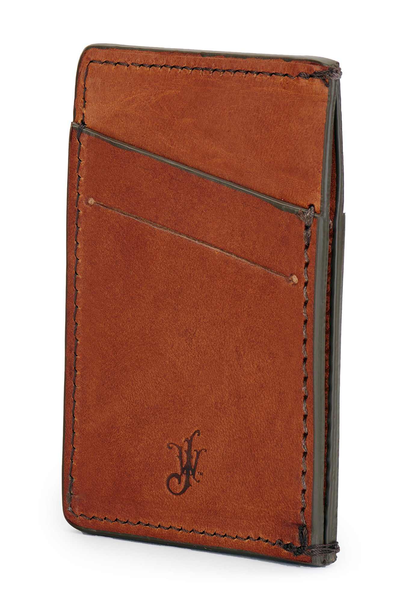 full grain leather minimalist wallet back angle empty pictured in saddle tan