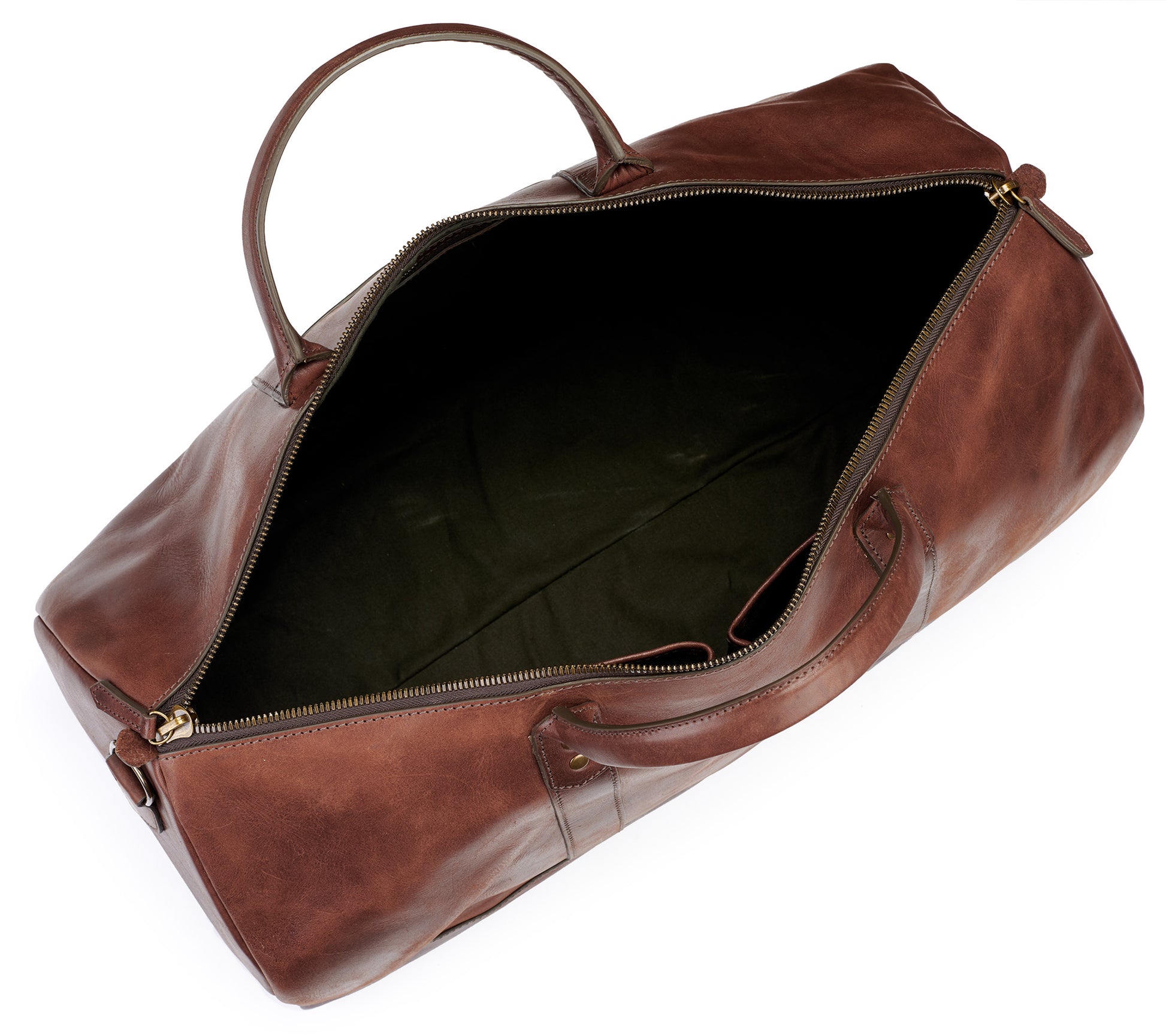 inside open of Big Sur Duffle bag in vintage brown color with water repellent army canvas lining in Pine Green and vintage brown leather
