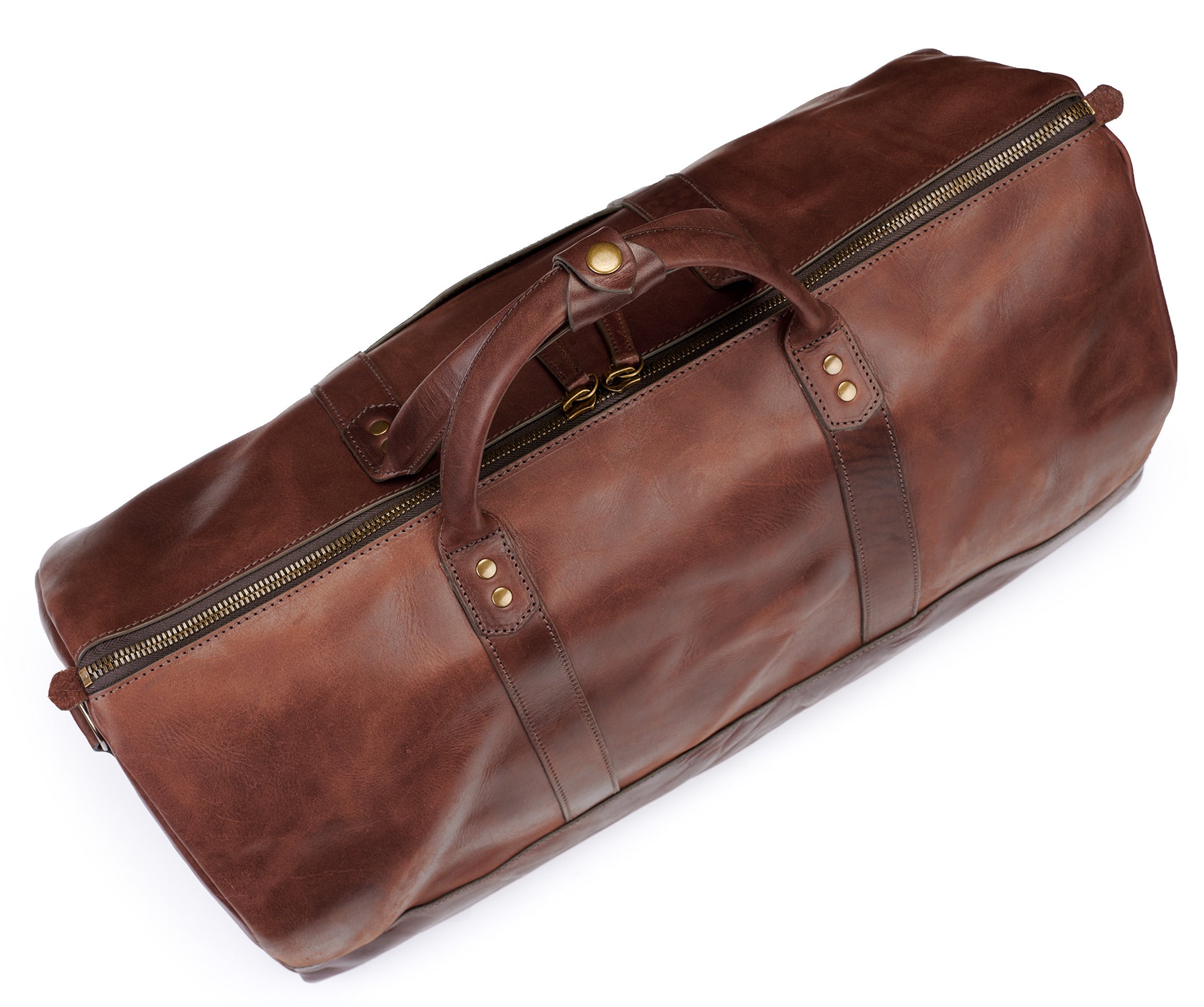 top view of Jackson Wayne Big Sur Duffle Bag in vintage brown color with antique brass zipper